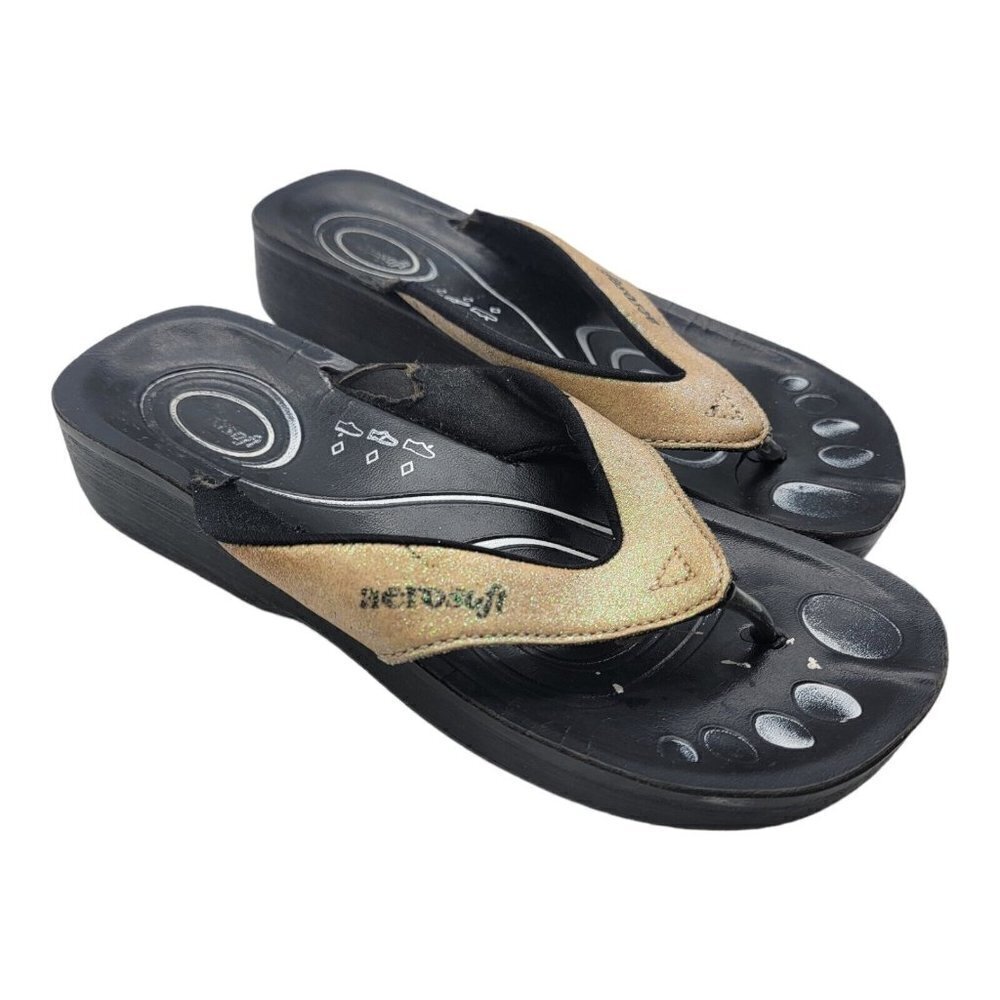 Aerosoft Womens Gliteratti Black  Orthotic Thong Style Flip Flops Sz 36
